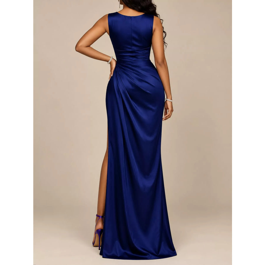 Full Size Satin Cowl Neck High Slit Evening Maxi Dress Plus Apparel and Accessories