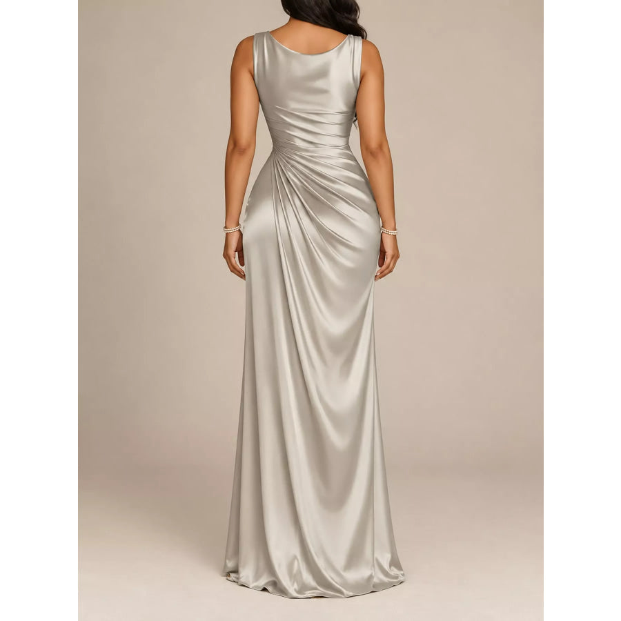 Full Size Satin Cowl Neck High Slit Evening Maxi Dress Plus Apparel and Accessories