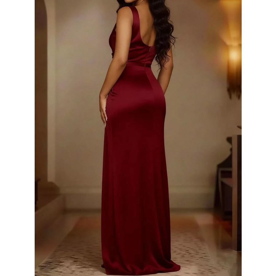 Full Size Satin Cowl Neck High Slit Evening Maxi Dress Plus Apparel and Accessories