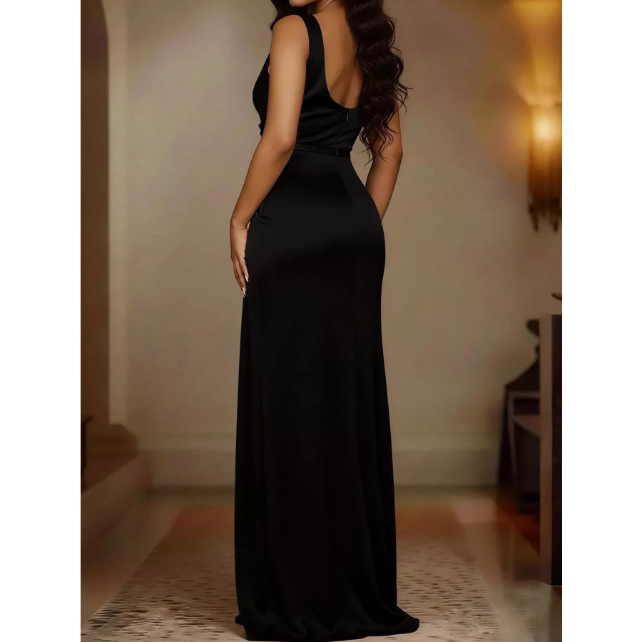 Full Size Satin Cowl Neck High Slit Evening Maxi Dress Plus Apparel and Accessories