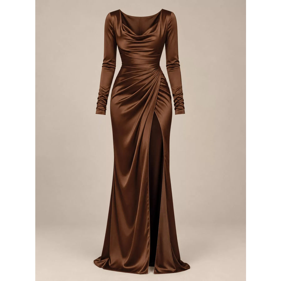 Full Size Satin Cowl Neck High Slit Evening Maxi Dress Plus Apparel and Accessories