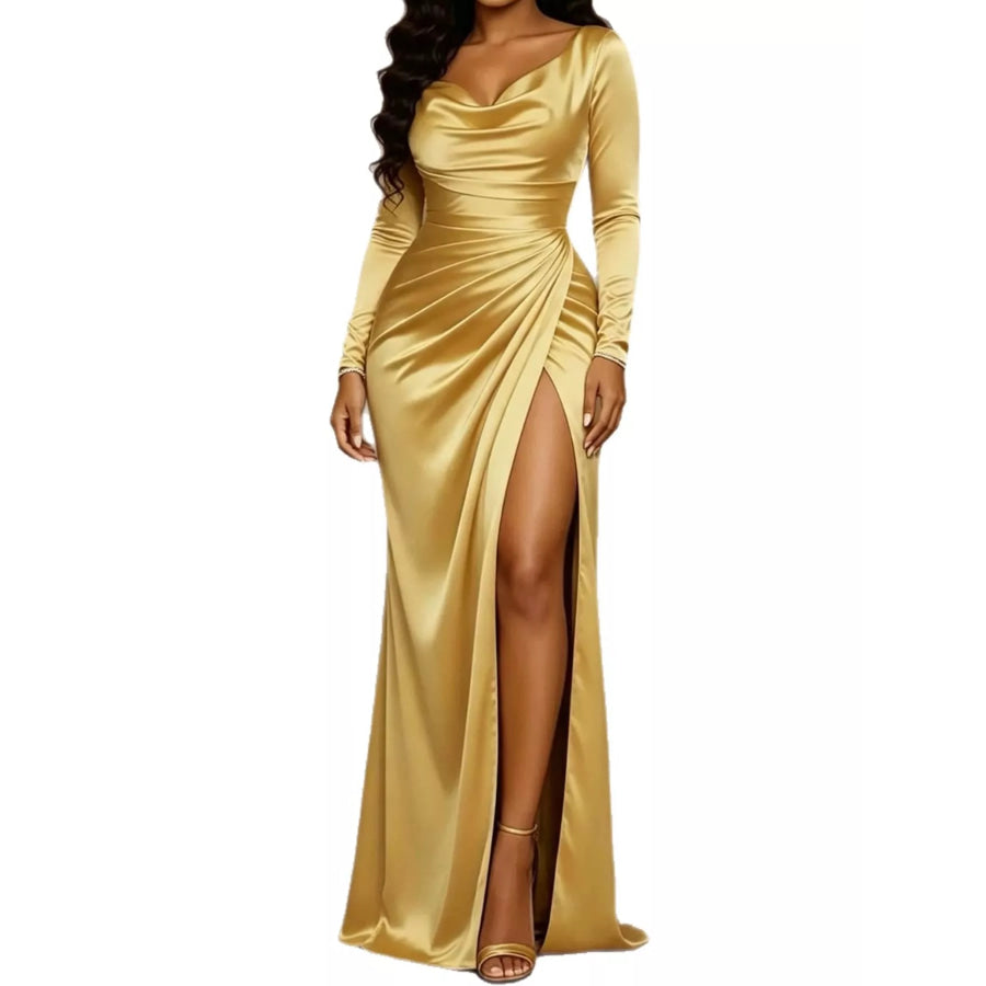 Full Size Satin Cowl Neck High Slit Evening Maxi Dress Plus Apparel and Accessories