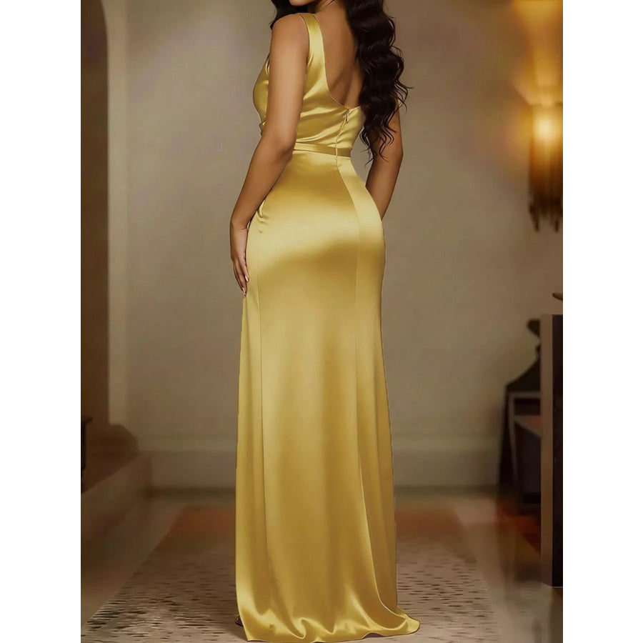 Full Size Satin Cowl Neck High Slit Evening Maxi Dress Plus Apparel and Accessories
