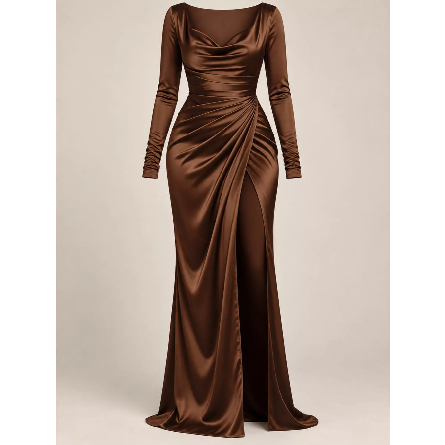 Full Size Satin Cowl Neck High Slit Evening Maxi Dress Plus Apparel and Accessories