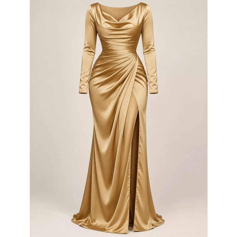 Full Size Satin Cowl Neck High Slit Evening Maxi Dress Plus Apparel and Accessories