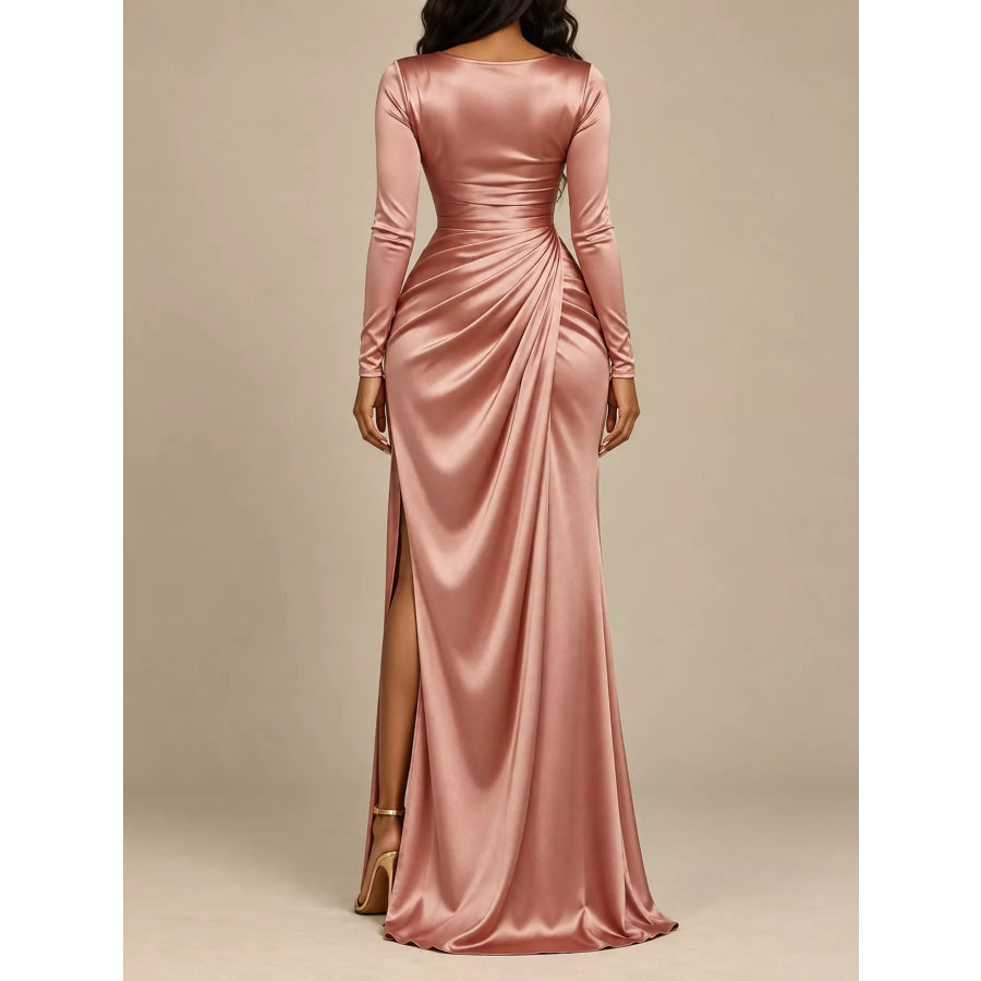 Full Size Satin Cowl Neck High Slit Evening Maxi Dress Plus Apparel and Accessories