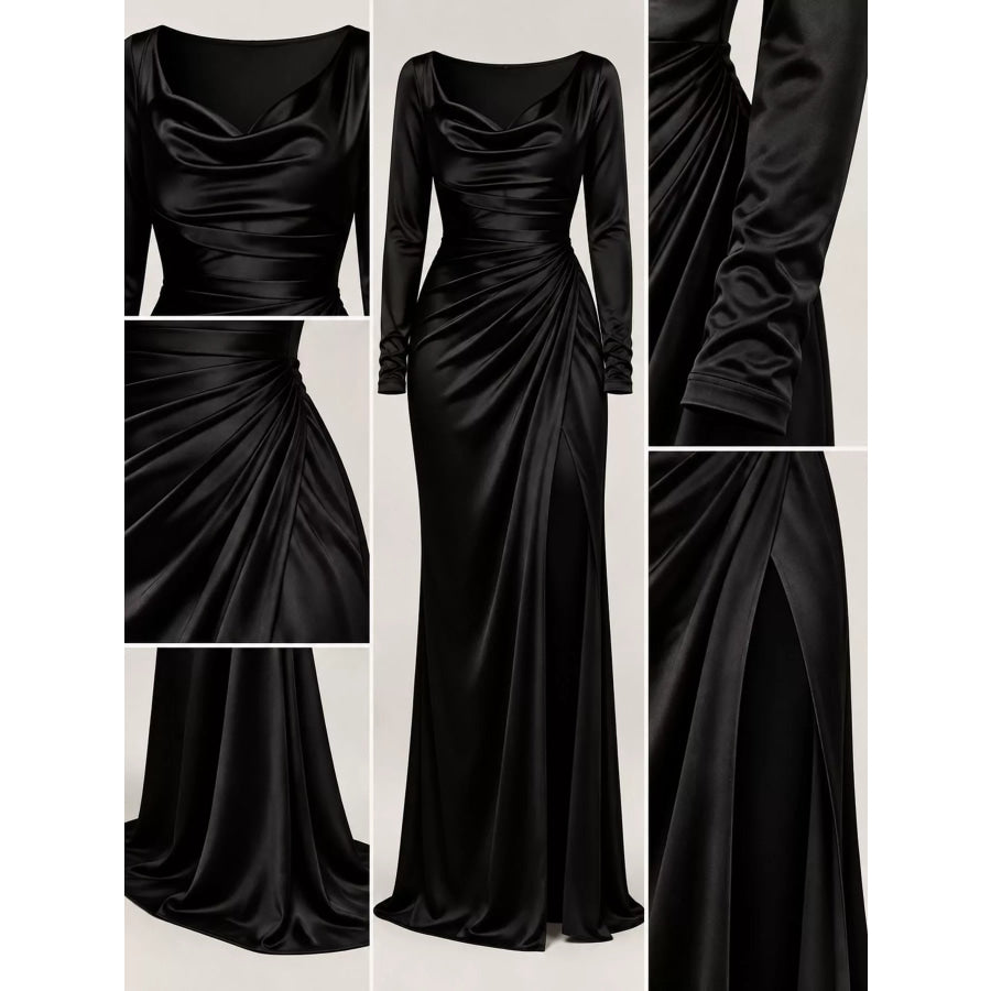 Full Size Satin Cowl Neck High Slit Evening Maxi Dress Plus Black / S Apparel and Accessories