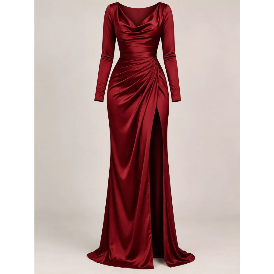 Full Size Satin Cowl Neck High Slit Evening Maxi Dress Plus Apparel and Accessories