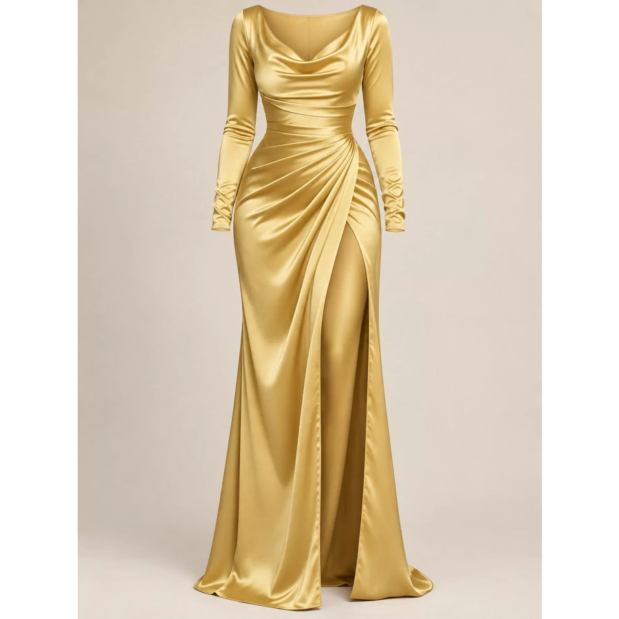 Full Size Satin Cowl Neck High Slit Evening Maxi Dress Plus Apparel and Accessories