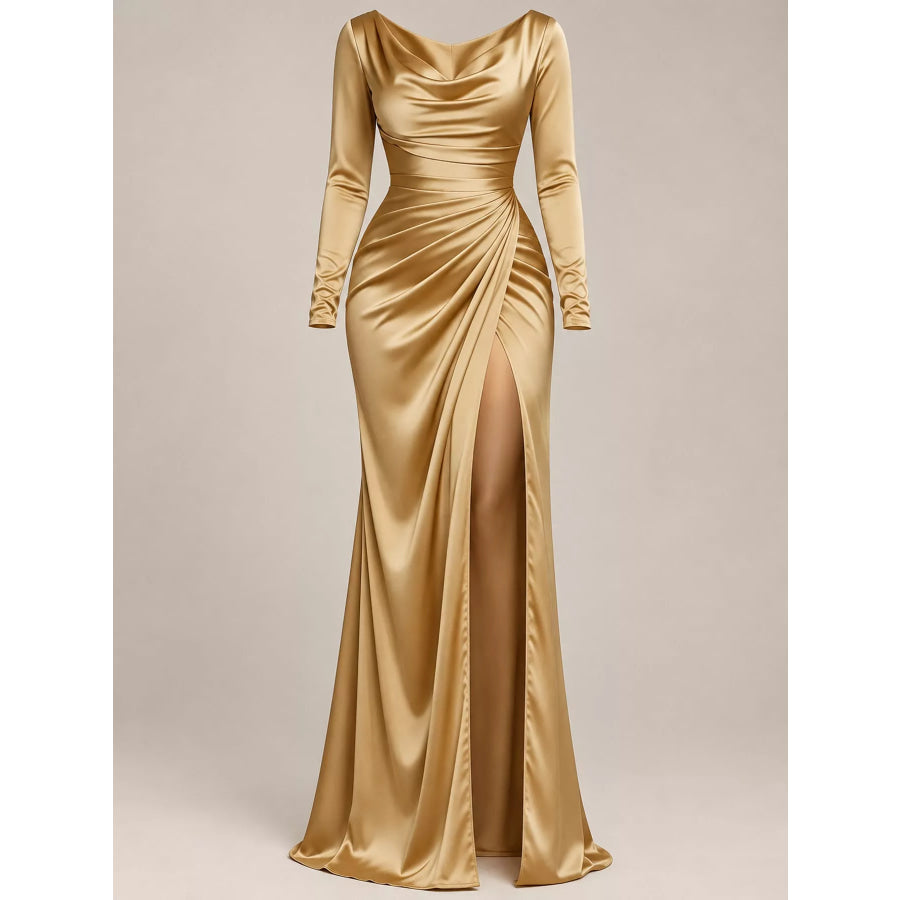 Full Size Satin Cowl Neck High Slit Evening Maxi Dress Plus Apparel and Accessories