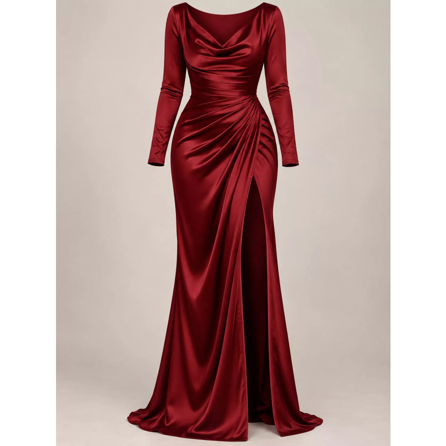 Full Size Satin Cowl Neck High Slit Evening Maxi Dress Plus Apparel and Accessories