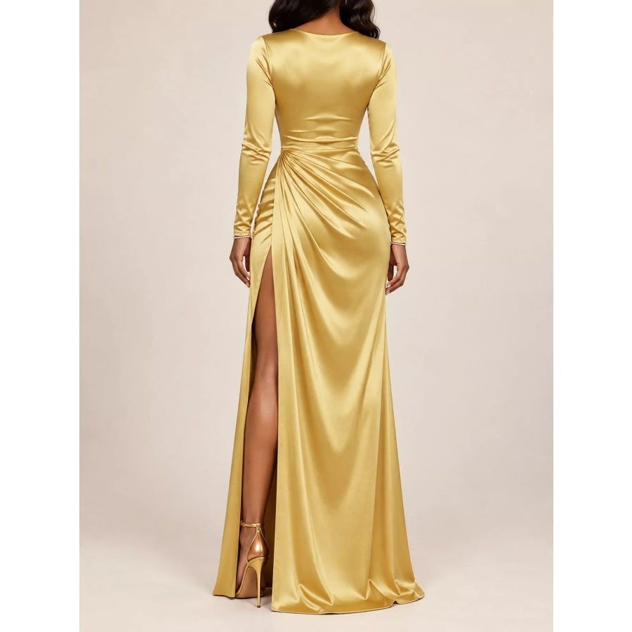 Full Size Satin Cowl Neck High Slit Evening Maxi Dress Plus Apparel and Accessories