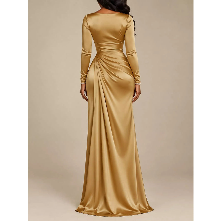 Full Size Satin Cowl Neck High Slit Evening Maxi Dress Plus Apparel and Accessories