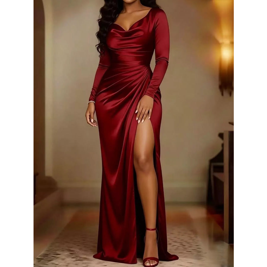 Full Size Satin Cowl Neck High Slit Evening Maxi Dress Plus Burgundy / S Apparel and Accessories