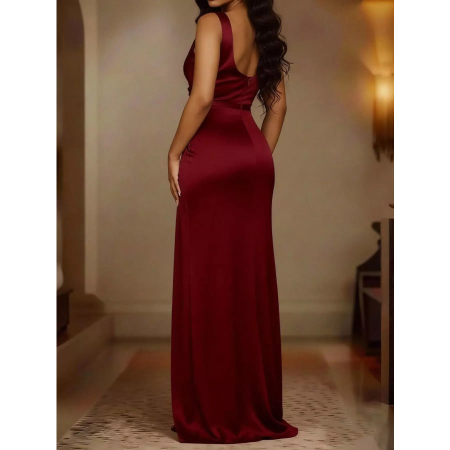 Full Size Satin Cowl Neck High Slit Maxi Dress Plus Size Apparel and Accessories