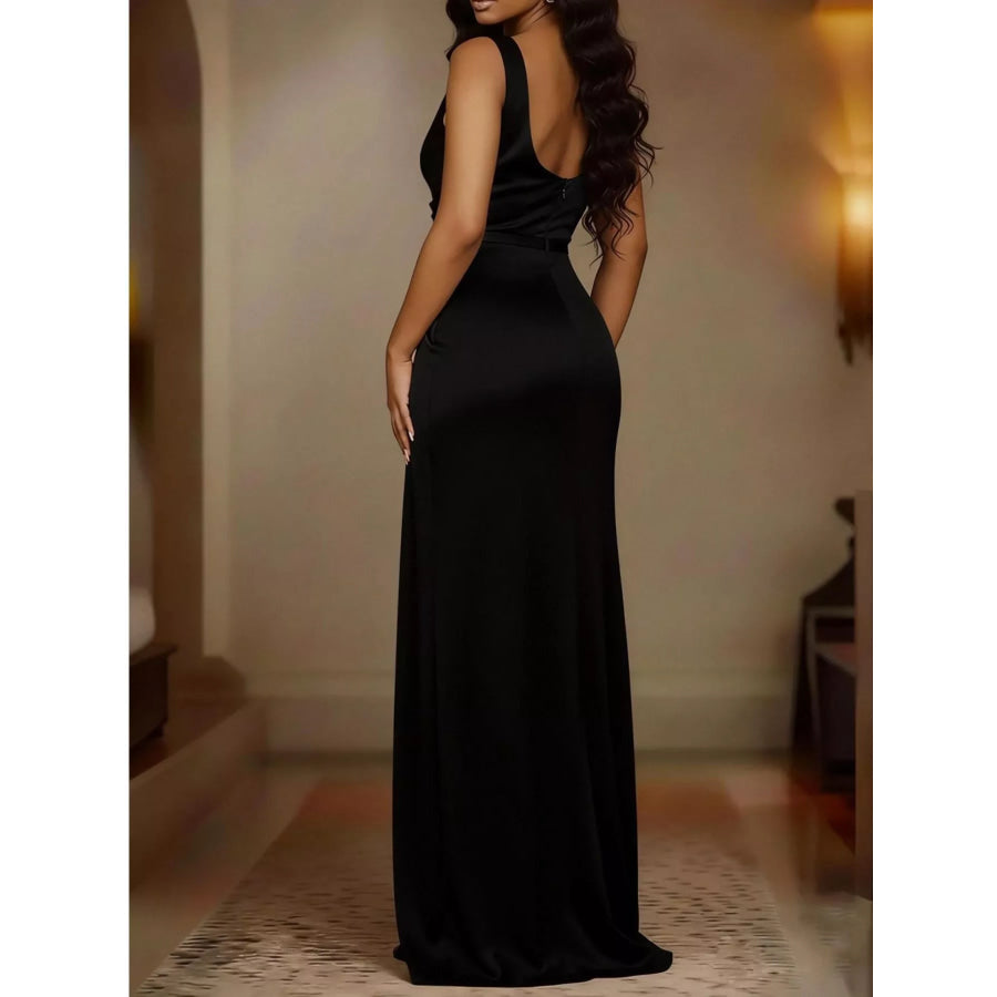 Full Size Satin Cowl Neck High Slit Maxi Dress Plus Size Apparel and Accessories