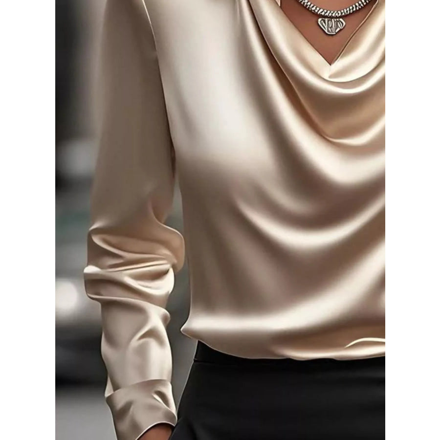 Full Size Satin Cowl Neck Long Sleeve Blouse Plus Size Apparel and Accessories