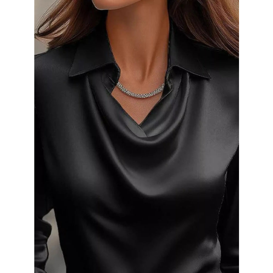 Full Size Satin Cowl Neck Long Sleeve Blouse Plus Size Apparel and Accessories