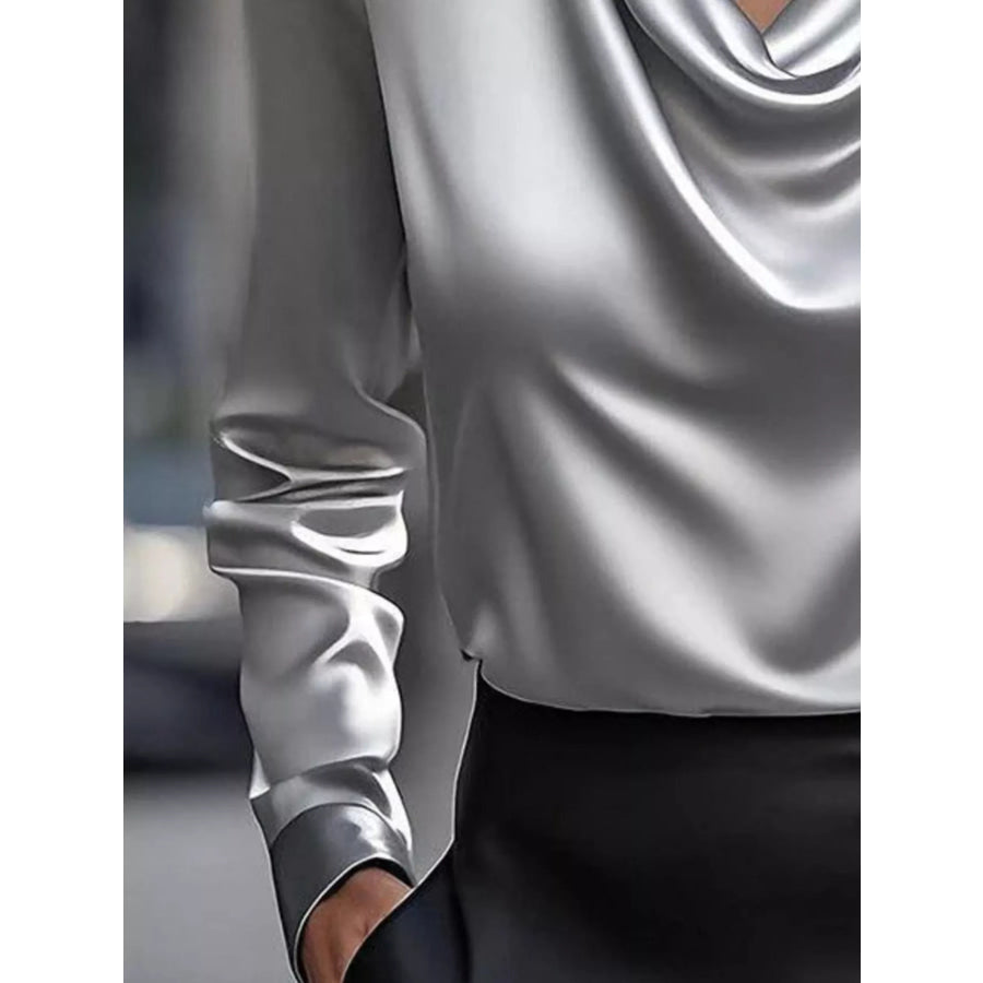 Full Size Satin Cowl Neck Long Sleeve Blouse Plus Size Apparel and Accessories