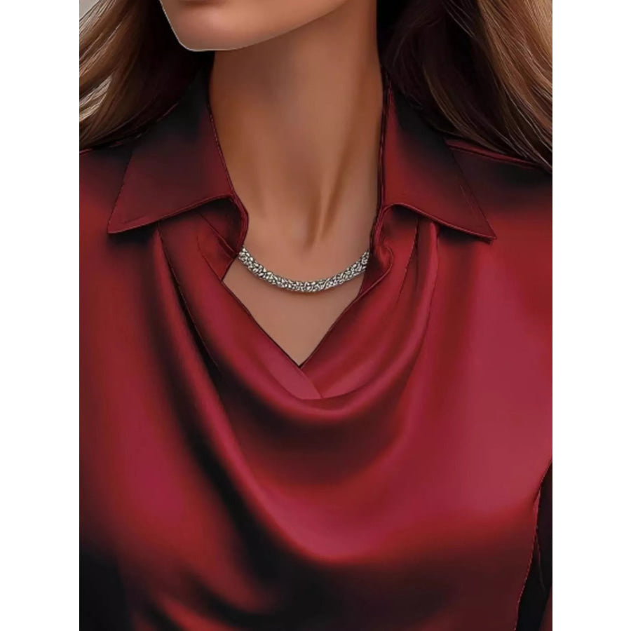 Full Size Satin Cowl Neck Long Sleeve Blouse Plus Size Apparel and Accessories
