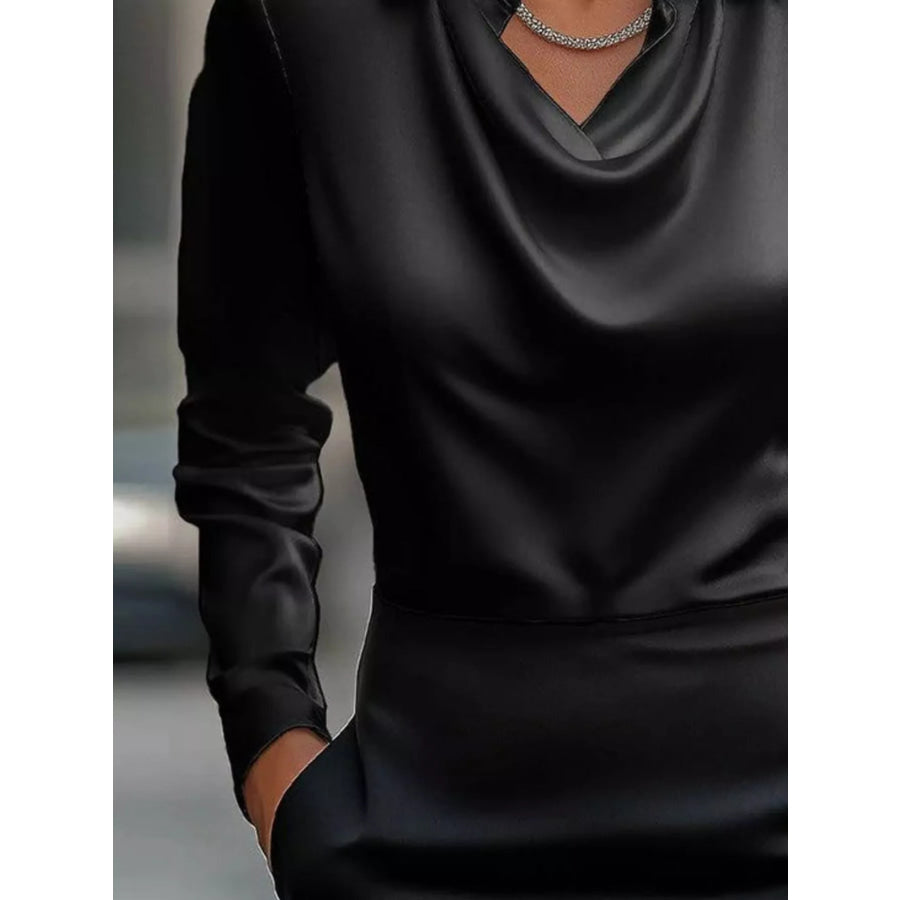 Full Size Satin Cowl Neck Long Sleeve Blouse Plus Size Apparel and Accessories