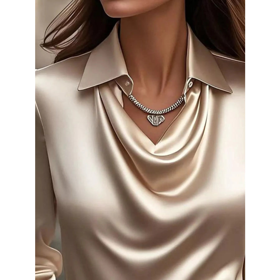 Full Size Satin Cowl Neck Long Sleeve Blouse Plus Size Apparel and Accessories