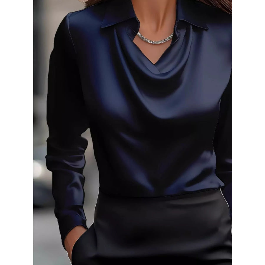 Full Size Satin Cowl Neck Long Sleeve Blouse Plus Size Apparel and Accessories