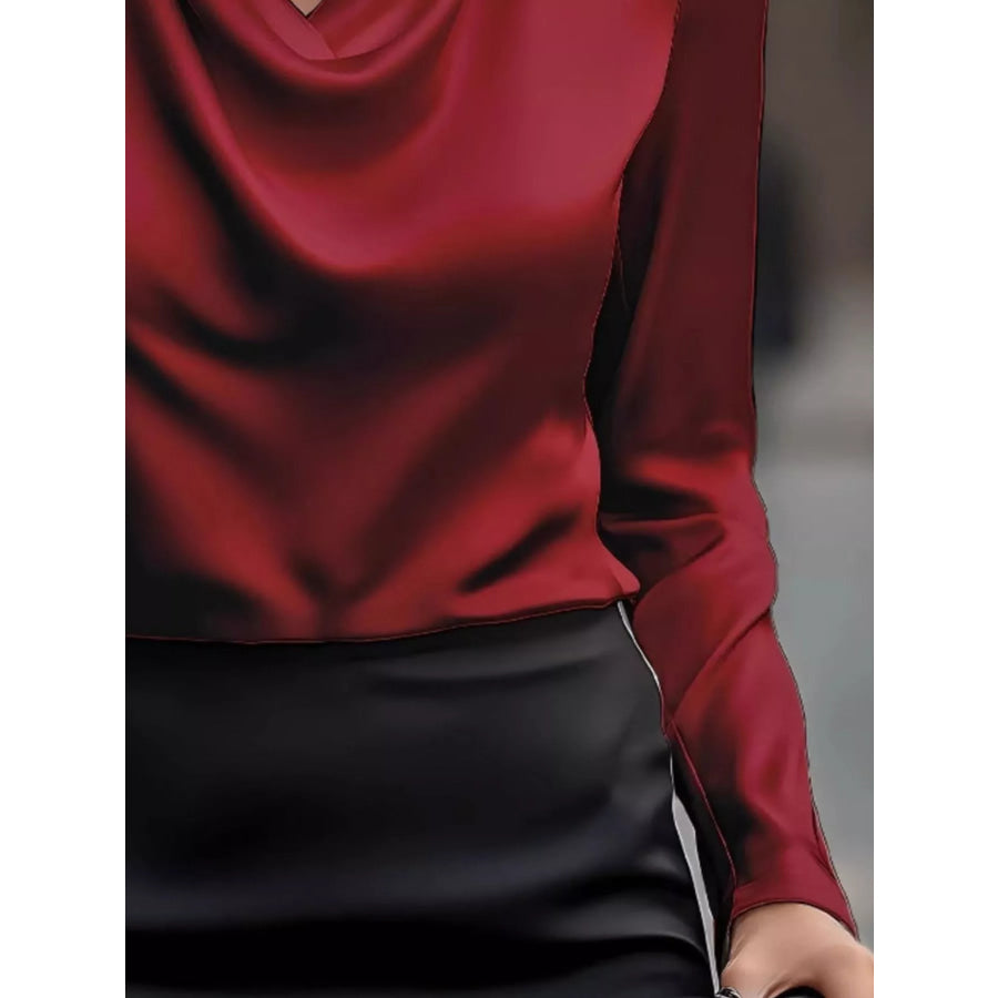 Full Size Satin Cowl Neck Long Sleeve Blouse Plus Size Apparel and Accessories