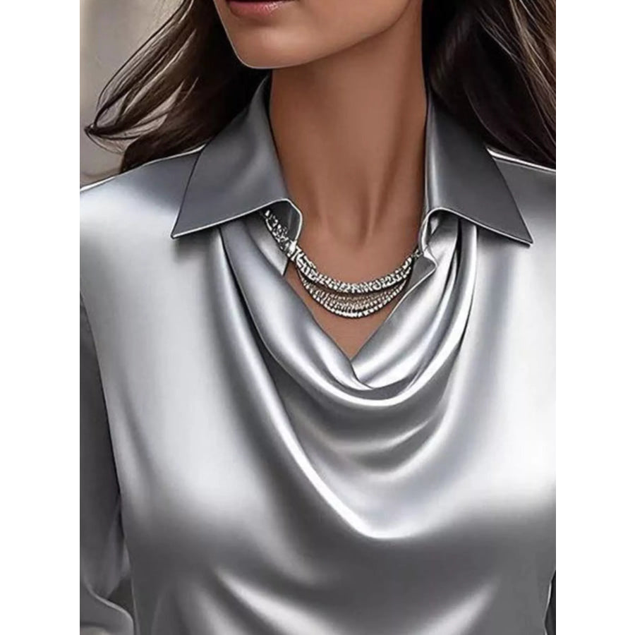 Full Size Satin Cowl Neck Long Sleeve Blouse Plus Size Apparel and Accessories