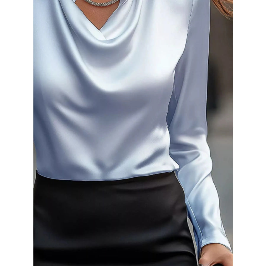 Full Size Satin Cowl Neck Long Sleeve Blouse Plus Size Apparel and Accessories