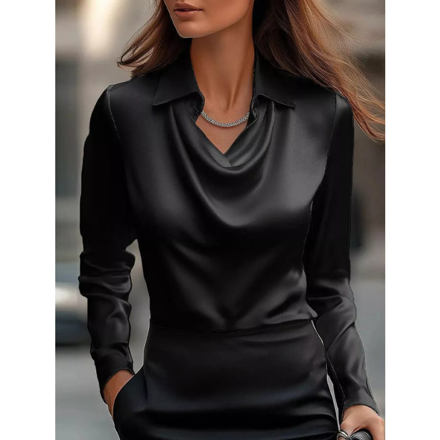 Full Size Satin Cowl Neck Long Sleeve Blouse Plus Size Black / S Apparel and Accessories