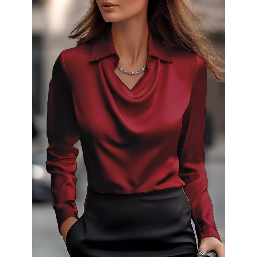 Full Size Satin Cowl Neck Long Sleeve Blouse Plus Size Burgundy / S Apparel and Accessories