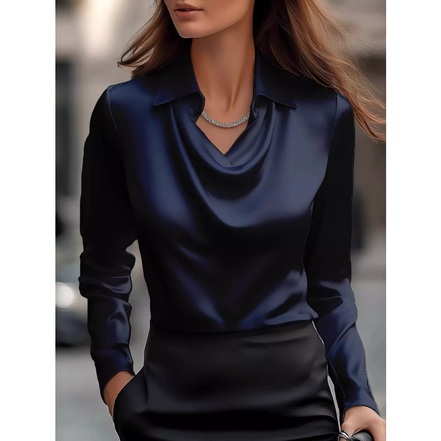 Full Size Satin Cowl Neck Long Sleeve Blouse Plus Size Dark Blue / S Apparel and Accessories