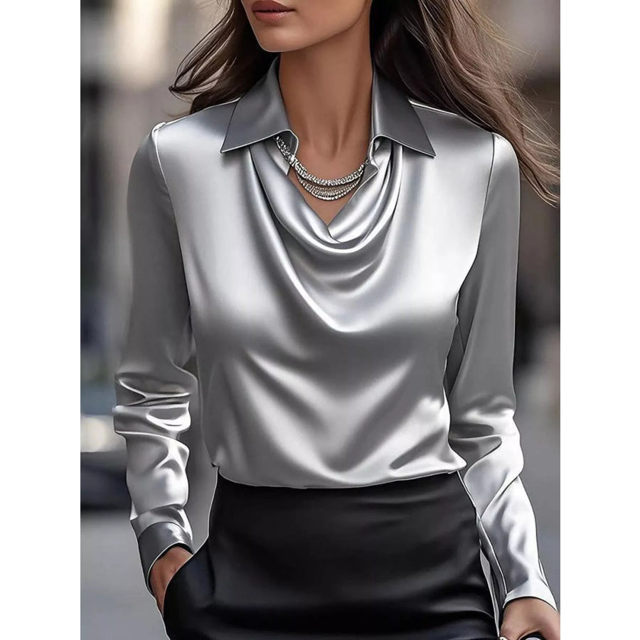 Full Size Satin Cowl Neck Long Sleeve Blouse Plus Size Gray / S Apparel and Accessories