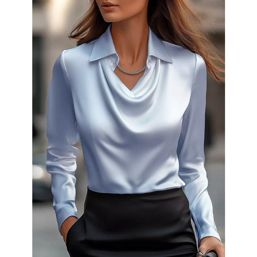Full Size Satin Cowl Neck Long Sleeve Blouse Plus Size Sky Blue / S Apparel and Accessories