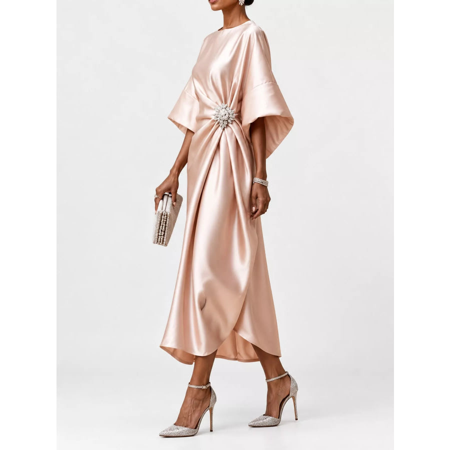 Full Size Satin Draped Evening Dress with Crystal Brooch Plus Apparel and Accessories