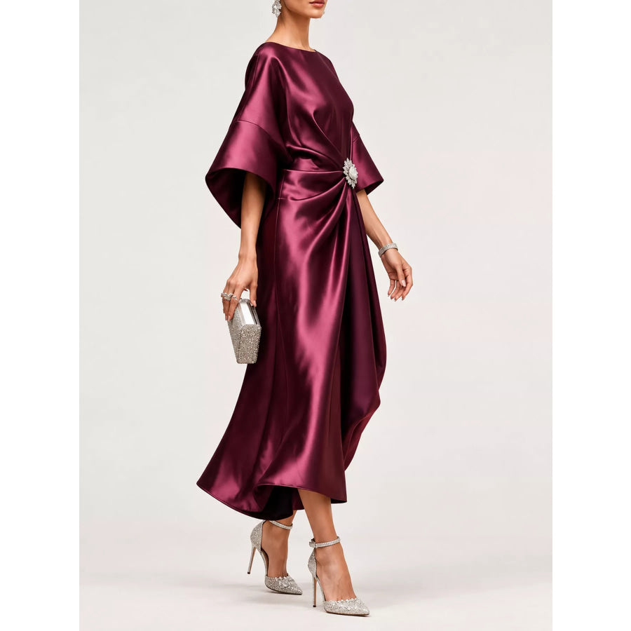 Full Size Satin Draped Evening Dress with Crystal Brooch Plus Apparel and Accessories