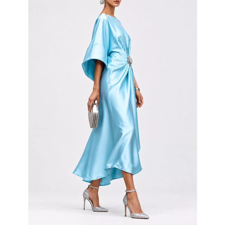 Full Size Satin Draped Evening Dress with Crystal Brooch Plus Apparel and Accessories