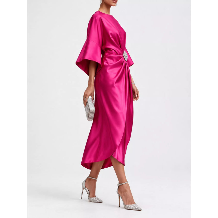 Full Size Satin Draped Evening Dress with Crystal Brooch Plus Apparel and Accessories
