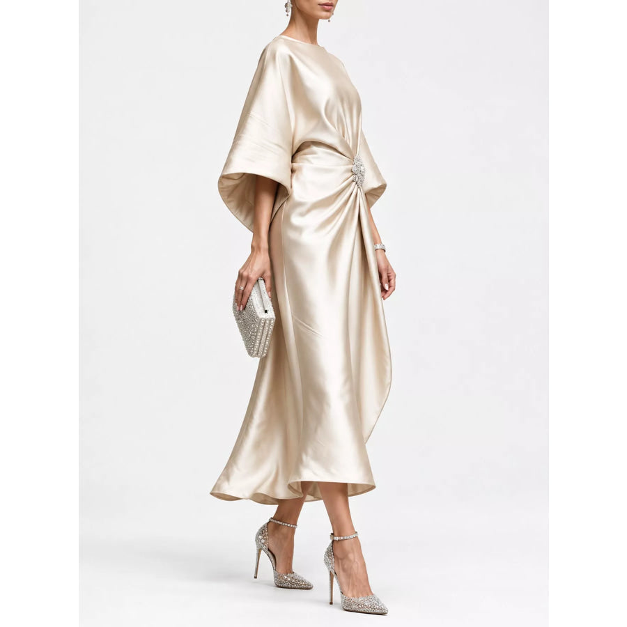 Full Size Satin Draped Evening Dress with Crystal Brooch Plus Apparel and Accessories