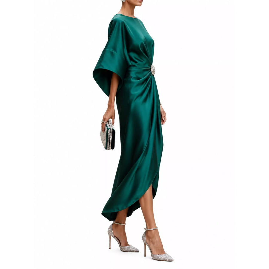 Full Size Satin Draped Evening Dress with Crystal Brooch Plus Apparel and Accessories