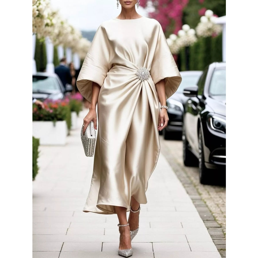 Full Size Satin Draped Evening Dress with Crystal Brooch Plus Apricot / XS Apparel and Accessories