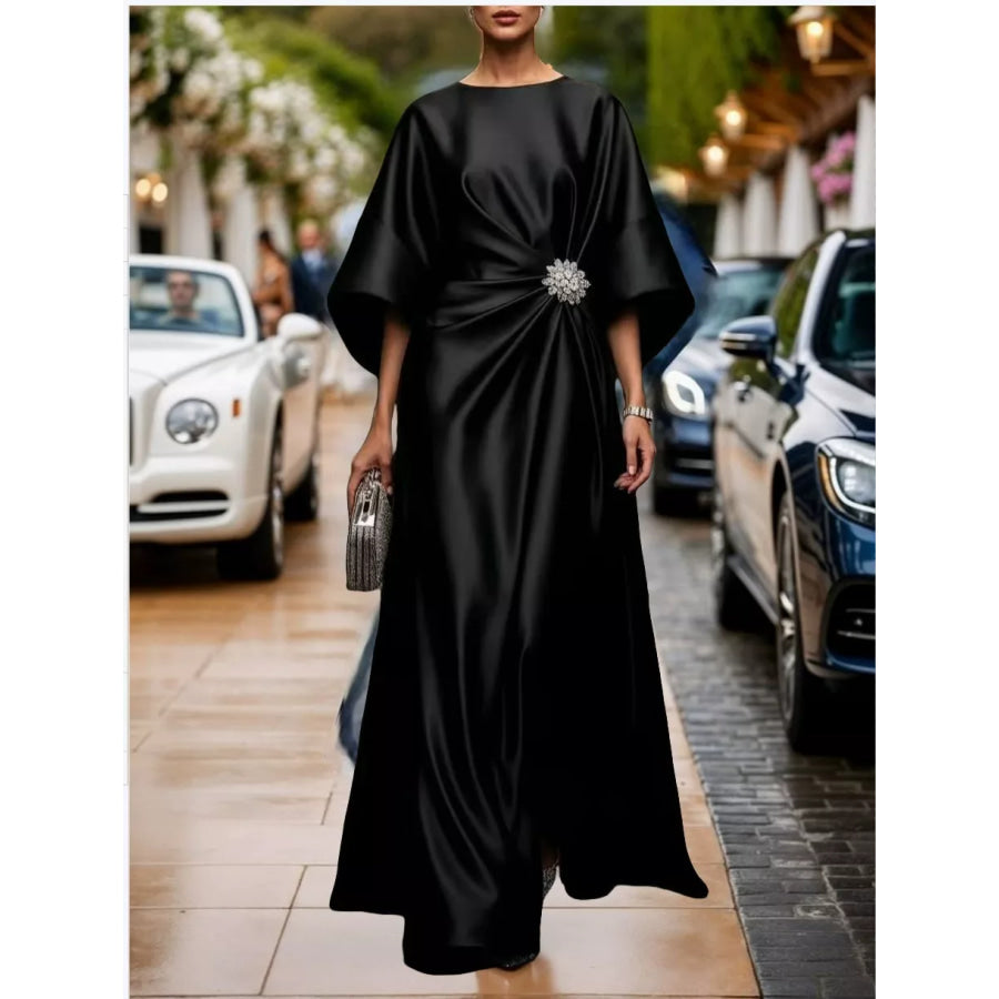 Full Size Satin Draped Evening Dress with Crystal Brooch Plus Black / XS Apparel and Accessories