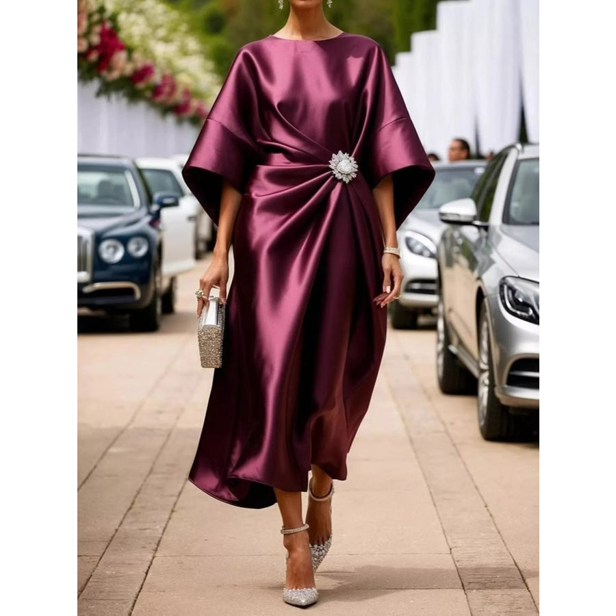 Full Size Satin Draped Evening Dress with Crystal Brooch Plus Burgundy / XS Apparel and Accessories