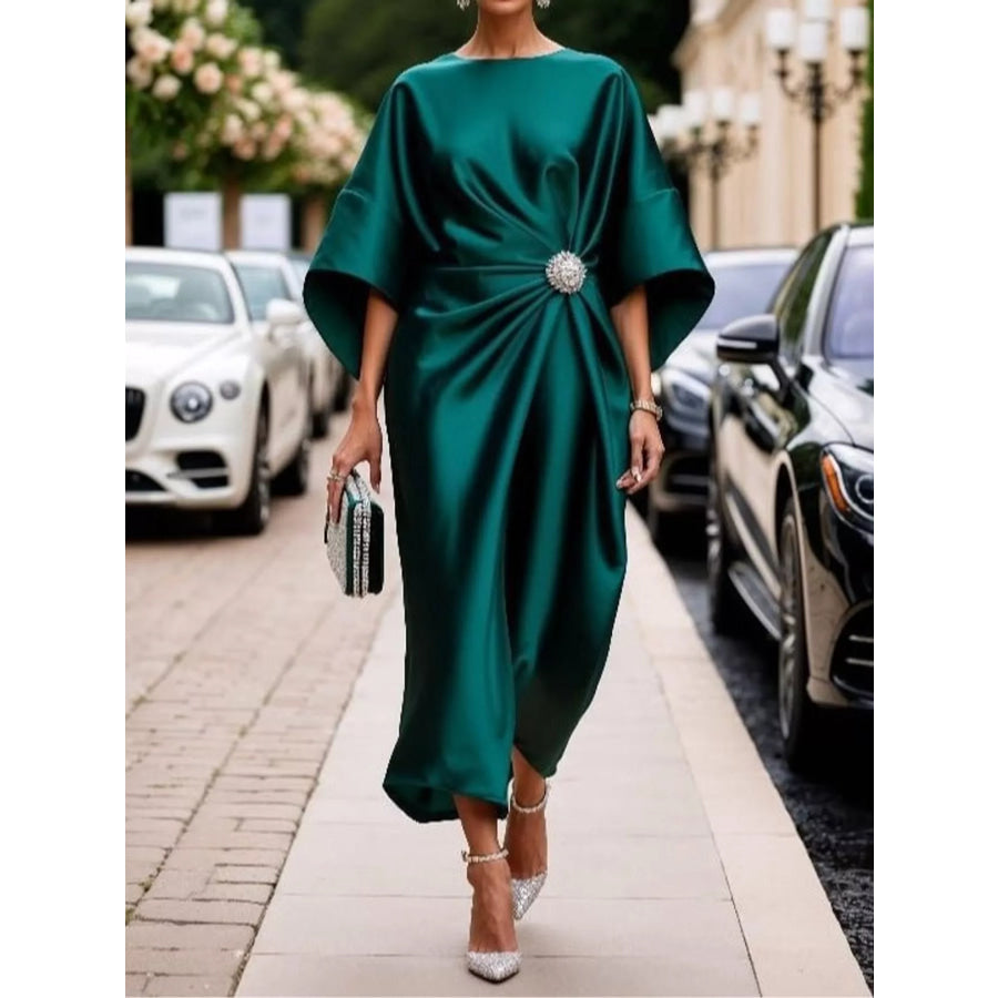Full Size Satin Draped Evening Dress with Crystal Brooch Plus Green / XS Apparel and Accessories