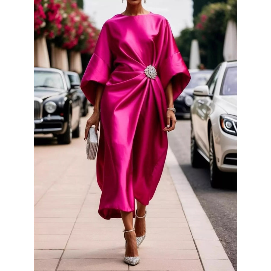 Full Size Satin Draped Evening Dress with Crystal Brooch Plus Hot Pink / XS Apparel and Accessories