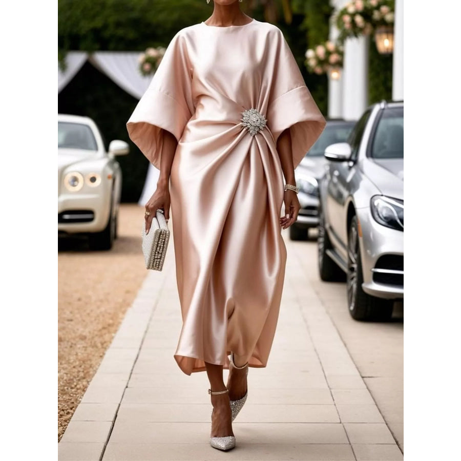 Full Size Satin Draped Evening Dress with Crystal Brooch Plus Light Pink / XS Apparel and Accessories