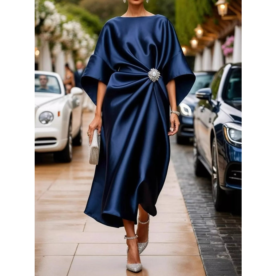 Full Size Satin Draped Evening Dress with Crystal Brooch Plus Navy / XS Apparel and Accessories