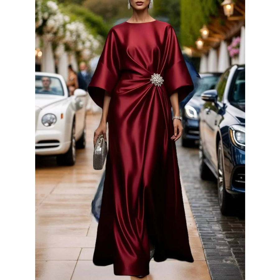 Full Size Satin Draped Evening Dress with Crystal Brooch Plus Red / XS Apparel and Accessories
