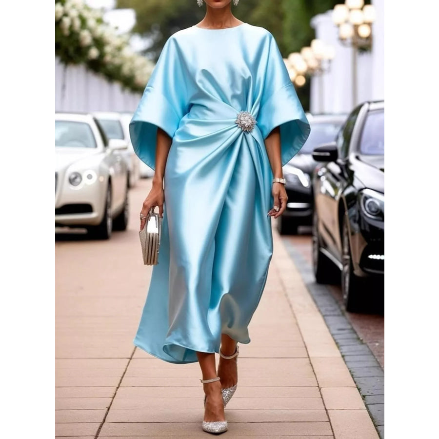 Full Size Satin Draped Evening Dress with Crystal Brooch Plus Sky Blue / XS Apparel and Accessories